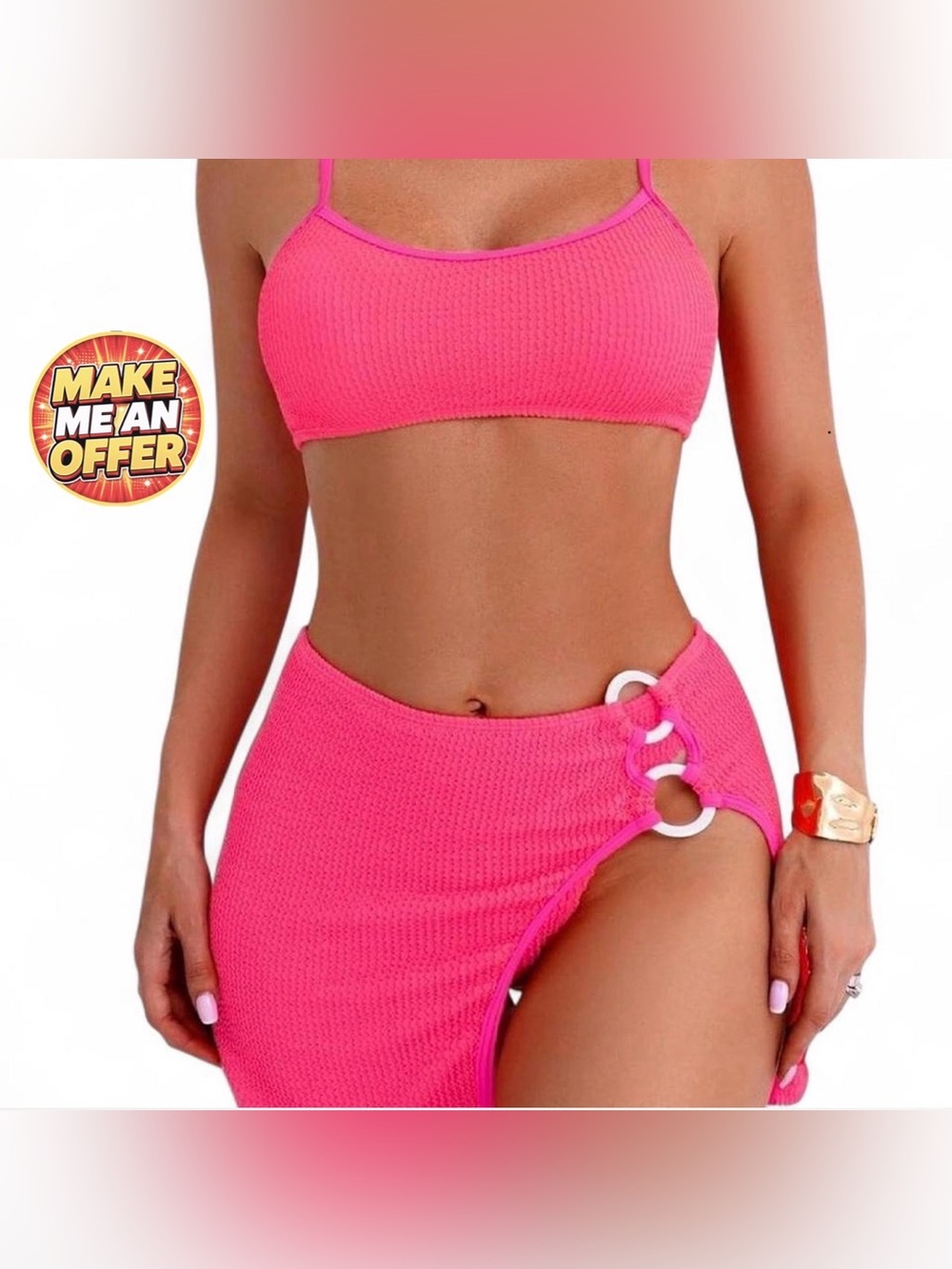 Brand Neq Hot Pink Three Piece Swim Set with Side Ring Detail - SZ L